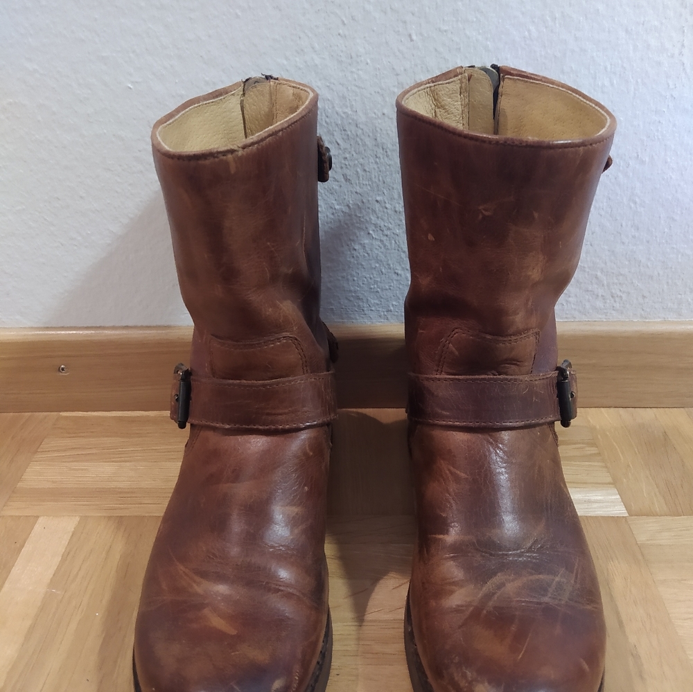 Frye Veronica Brn Leather Waterproof Moto Back-Zip w Buckles MidCalf Boots Sz 7